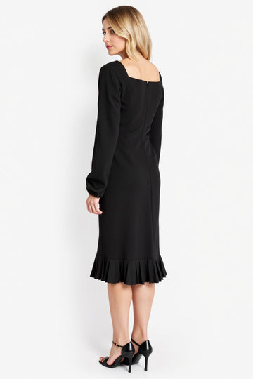 Black Long Sleeve Square Neck Midi Work Dress With Ruffles